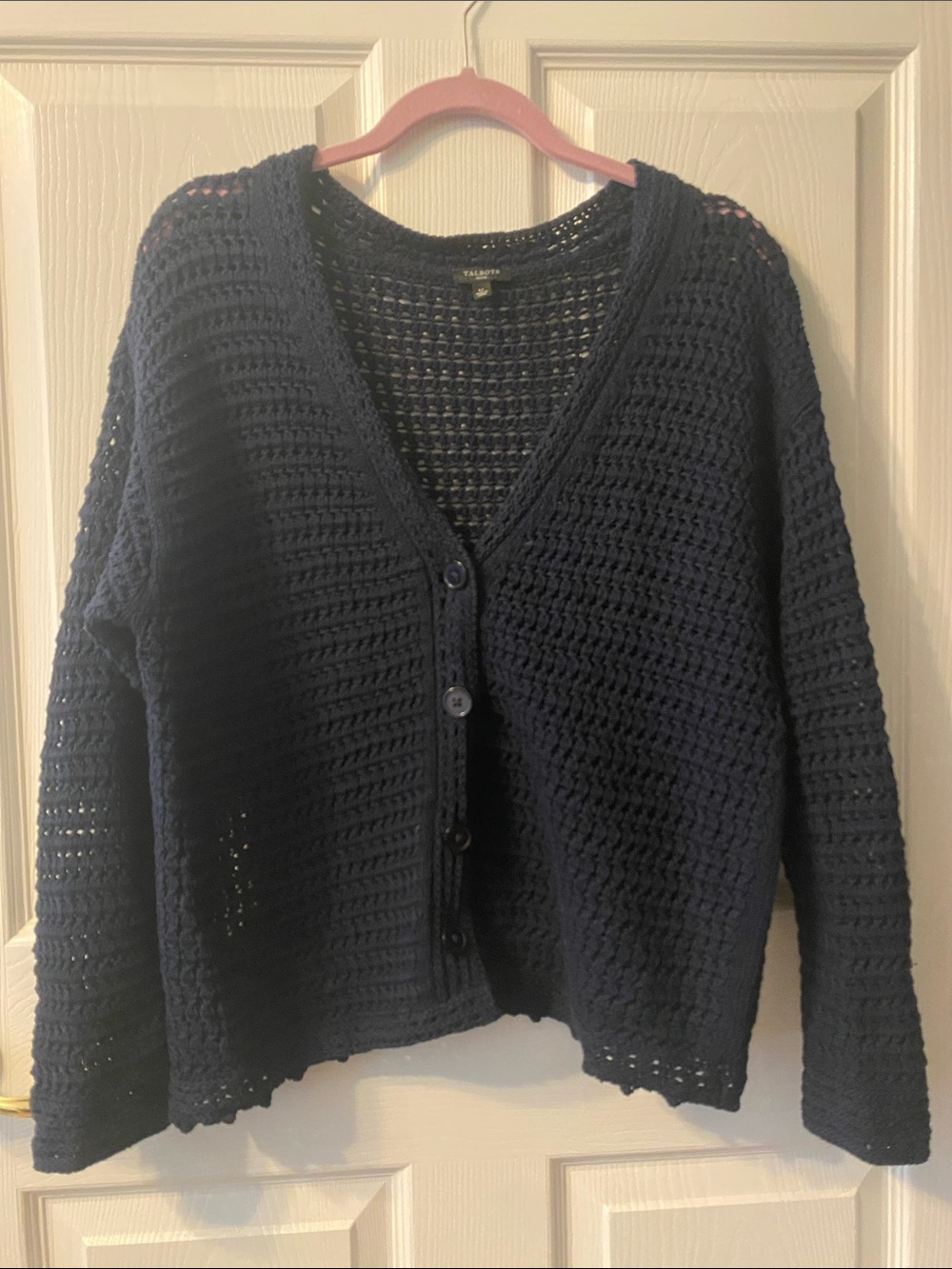 Talbots Navy Open-Knit V-Neck Button-Front Cardigan 100% Cotton Natural Fiber Lp